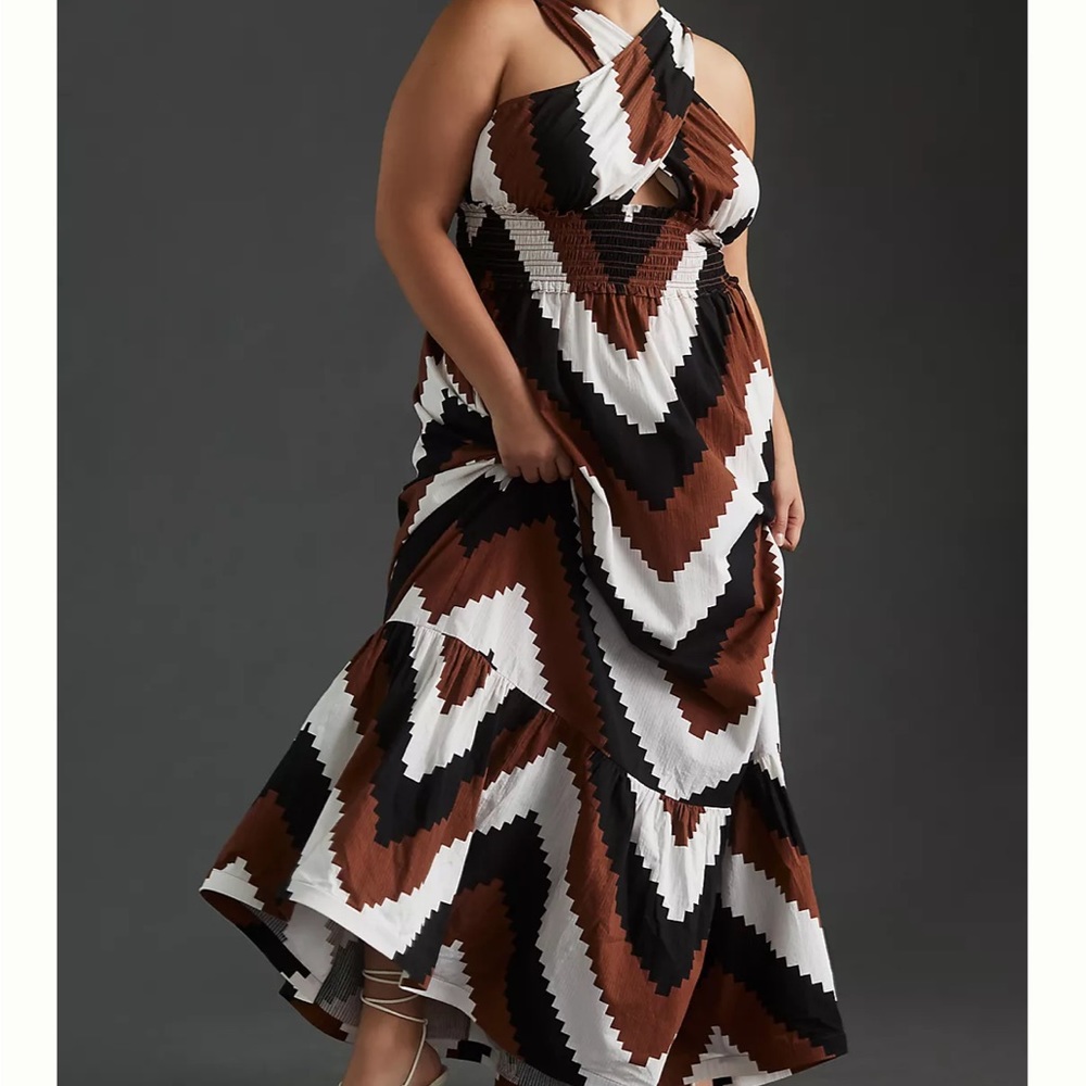 Anthropologie 2X Plenty by Tracy Reese Black Motif Printed Halter Maxi Dress
